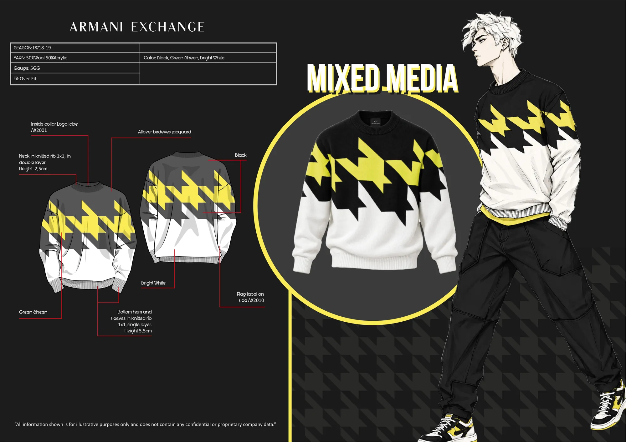Mixed Media FW18, Armani Exchange: Technical drawing, 3D render and illustration