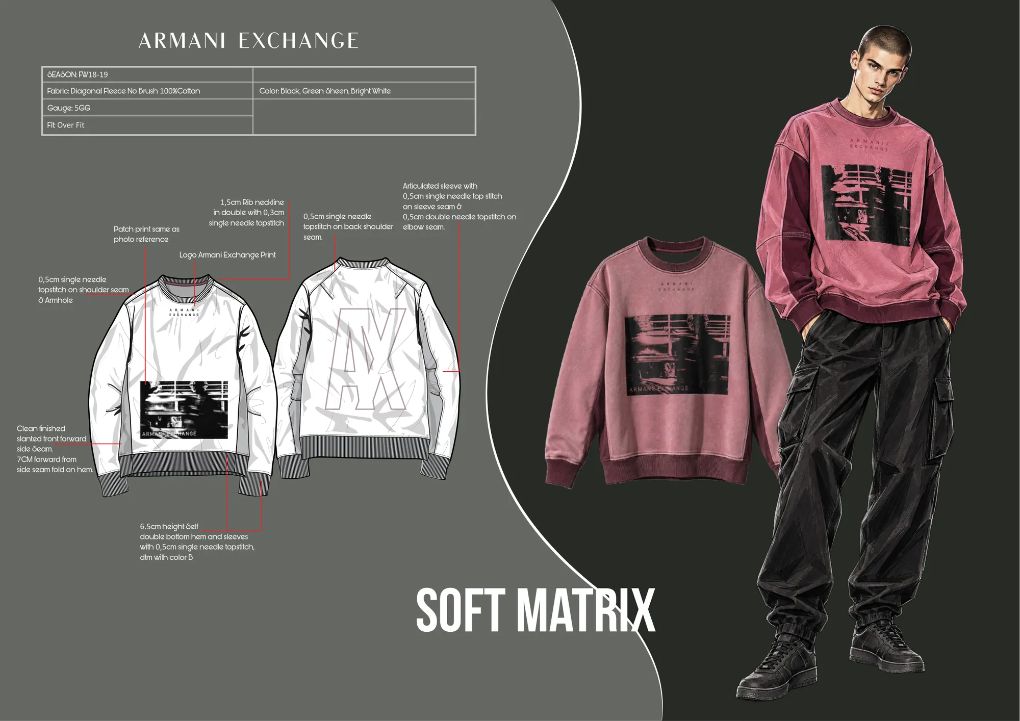 Soft Matrix SS19, Armani Exchange: Technical drawing, 3D render and illustration