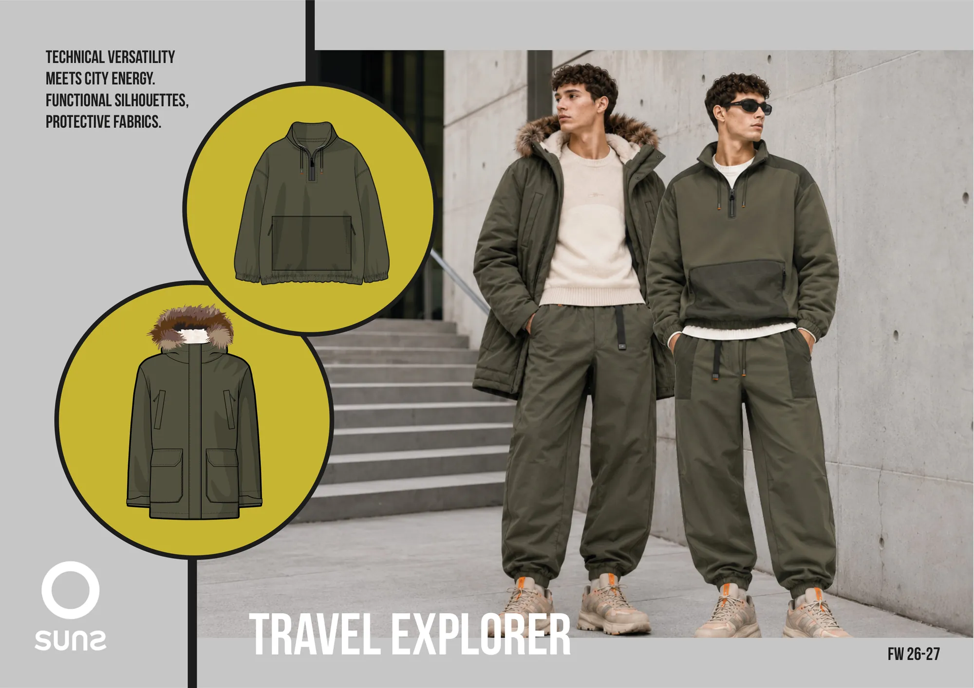 Travel Explorer FW26-27, Suns: Technical drawing, 3D render and illustration