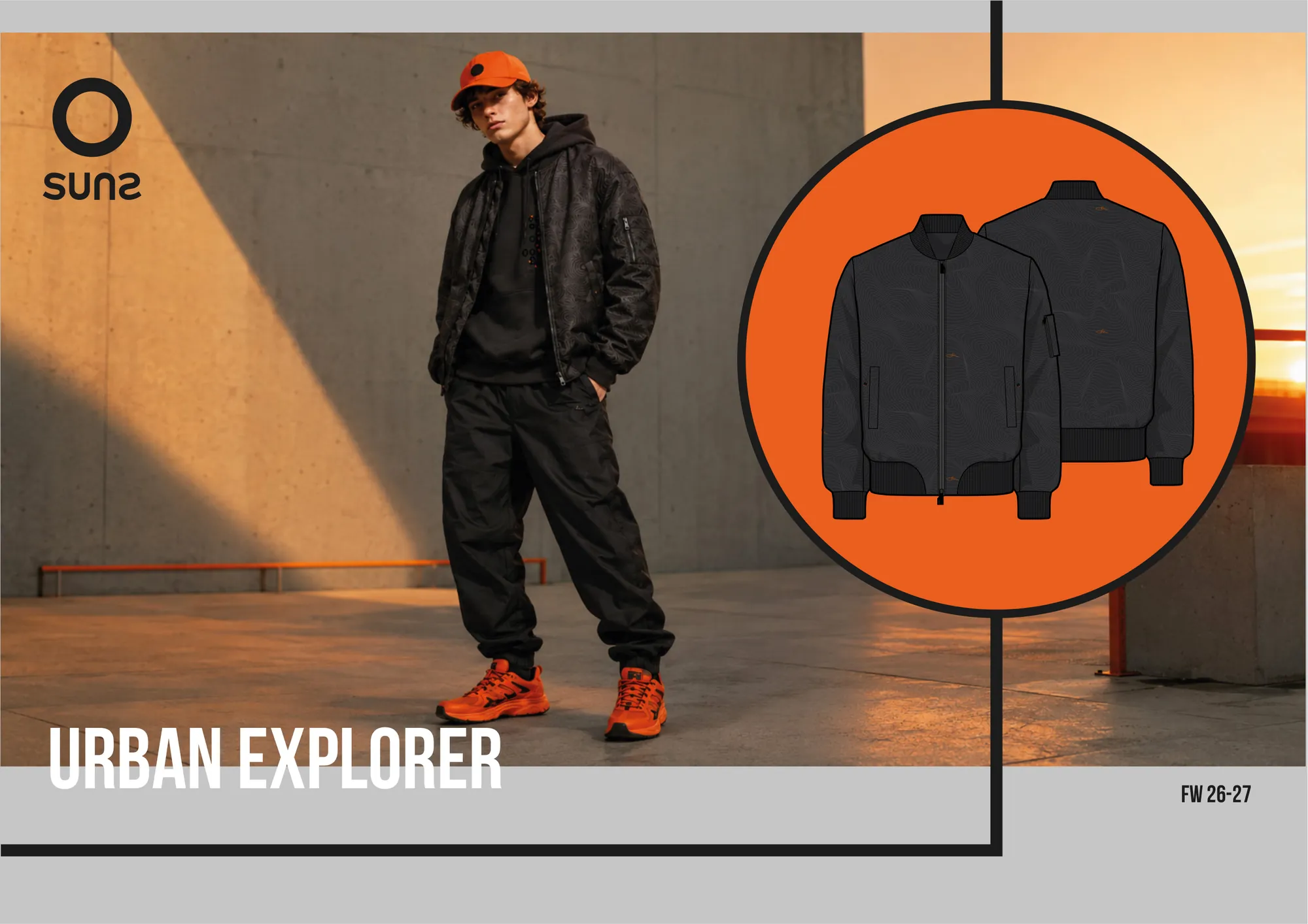 Urban Explorer FW26-27, Suns: Technical drawing, 3D render and illustration